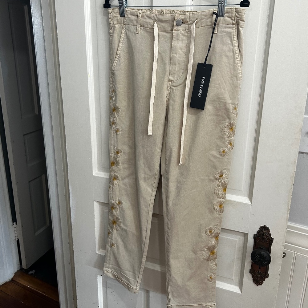 NWT - Daisy Embroidered Tan Pants with Drawstring Waist